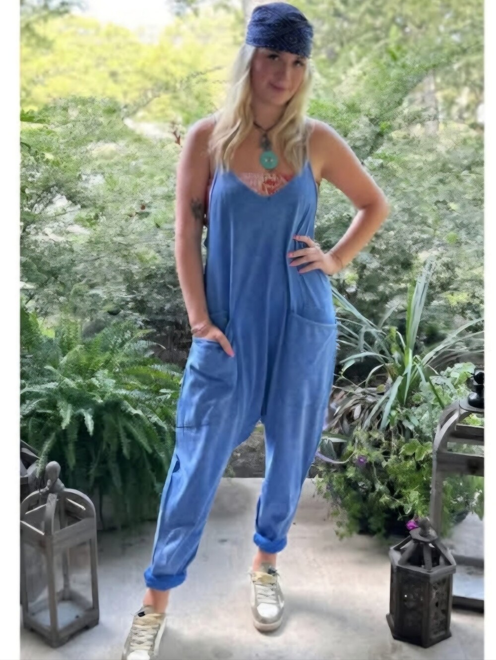 237p Jaded Gypsy Relaxed Blue Cotton Jumpsuit with Front Pockets